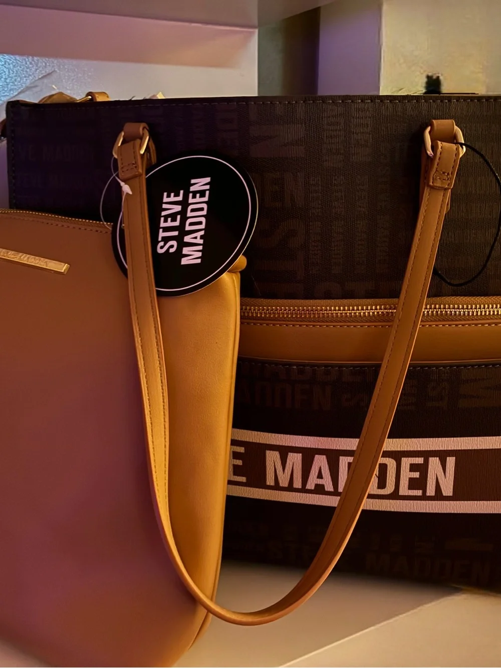 Steve Madden Brown Logo Tote with Tan Accents and Front Zip
